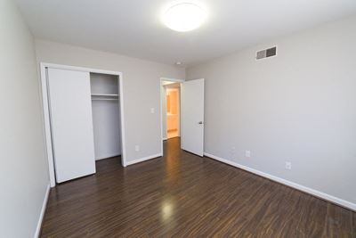 bedroom with open closet, overhead lighting, and plank-style flooring